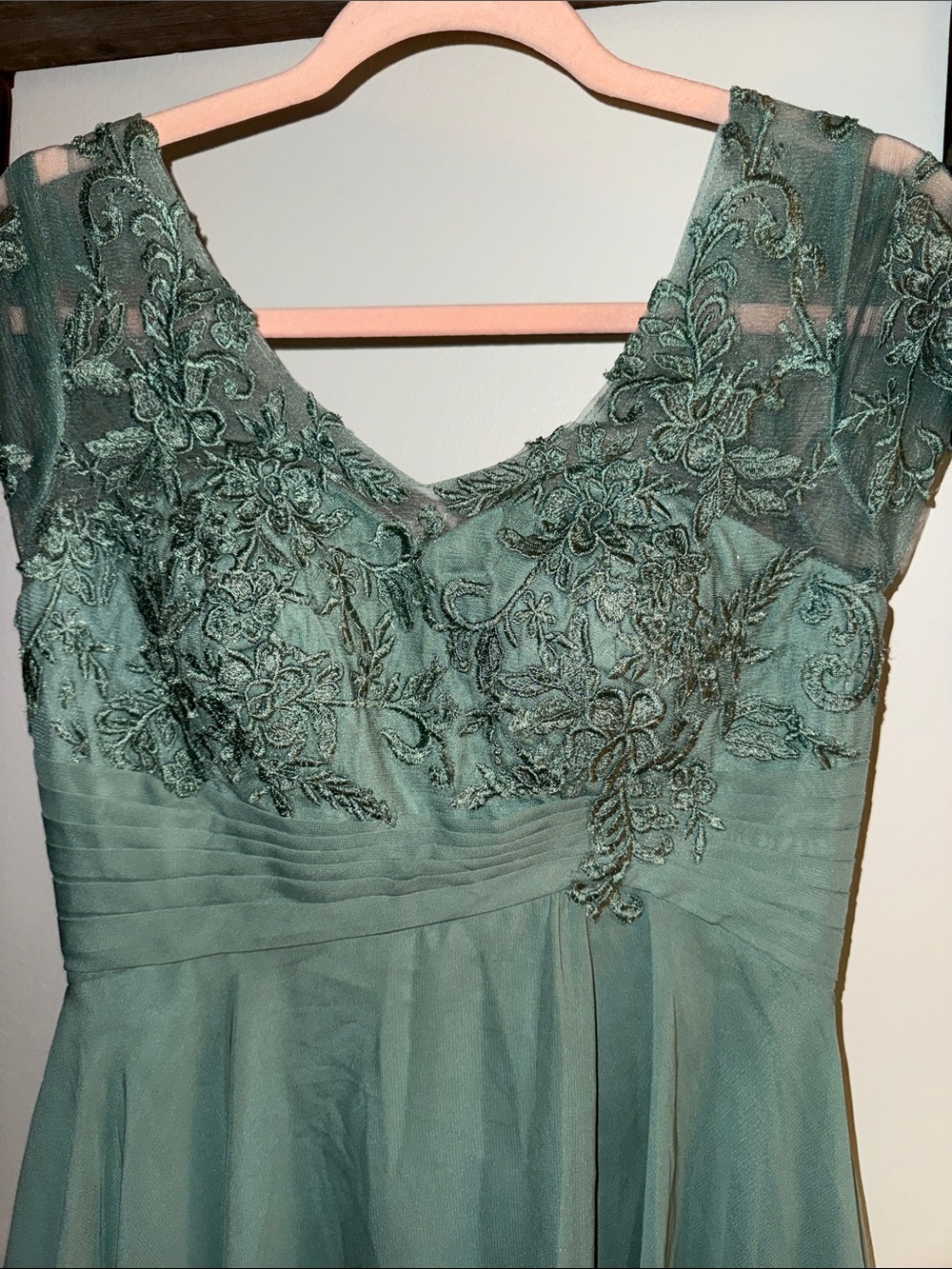 Sage Green Lace & Chiffon High-Low Evening Dress - Picture 2 of 7